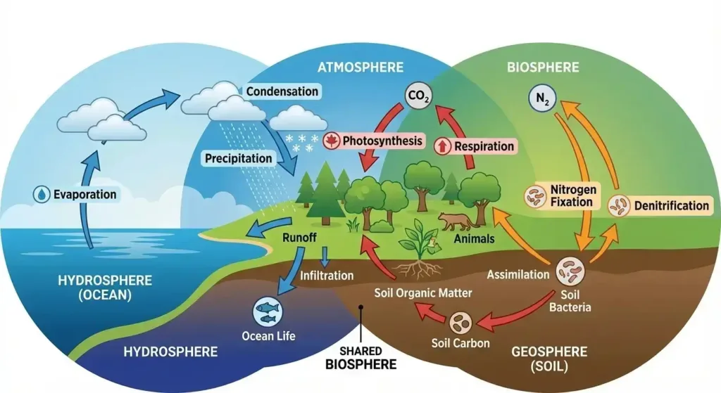 Biogeochemical cycles diagram showing carbon nitrogen water cycles interconnected through atmosphere biosphere hydrosphere geosphere.