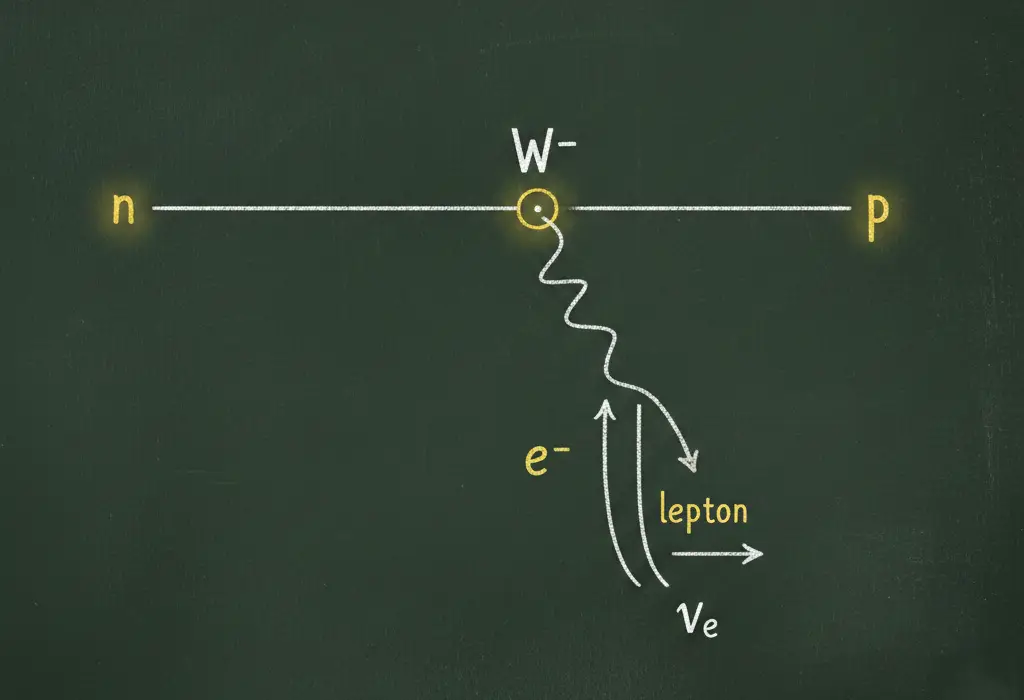 Diagram showing beta decay, a weak interaction where a neutron decays into a proton, electron, and antineutrino, demonstrating the role of leptons in nuclear processes.