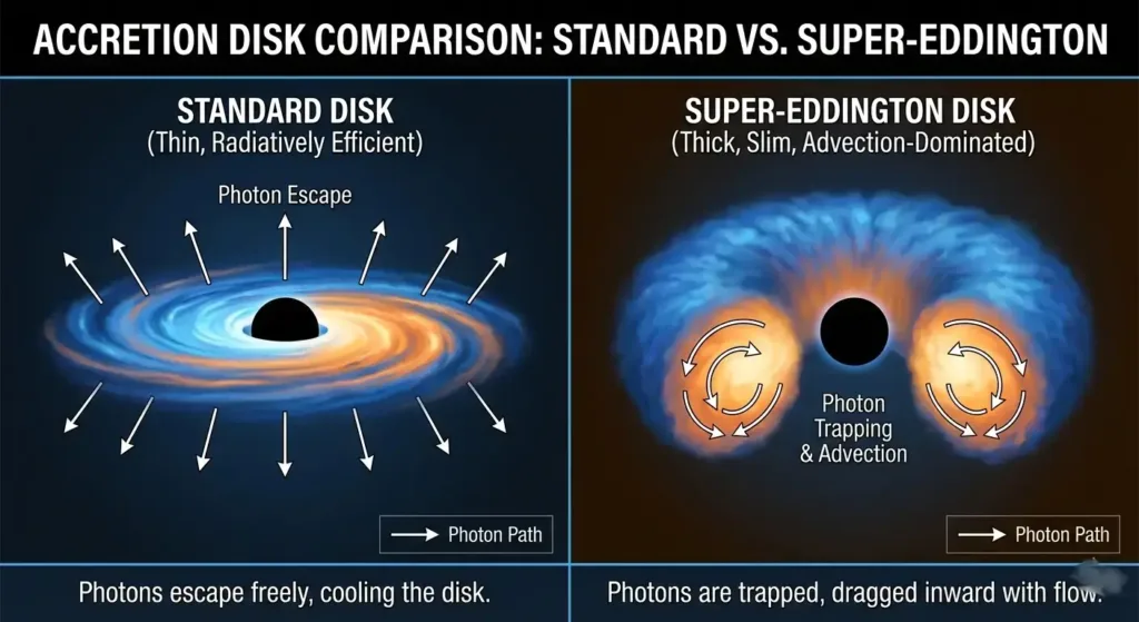 Comparison diagram of standard thin accretion disk and super-Eddington slim accretion disk, showing photon trapping. Representing Rapidly Growing Black Holes.