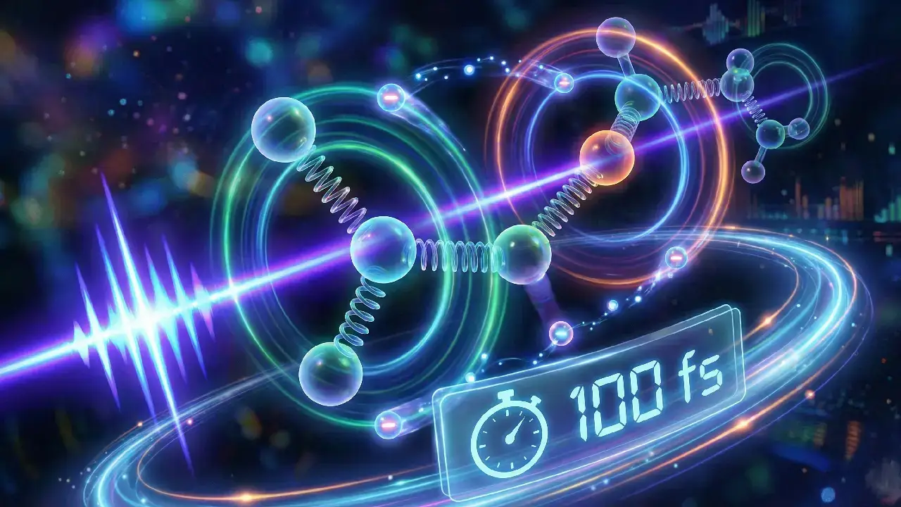 Femtosecond laser pulses capturing molecular vibrations and electron transitions.