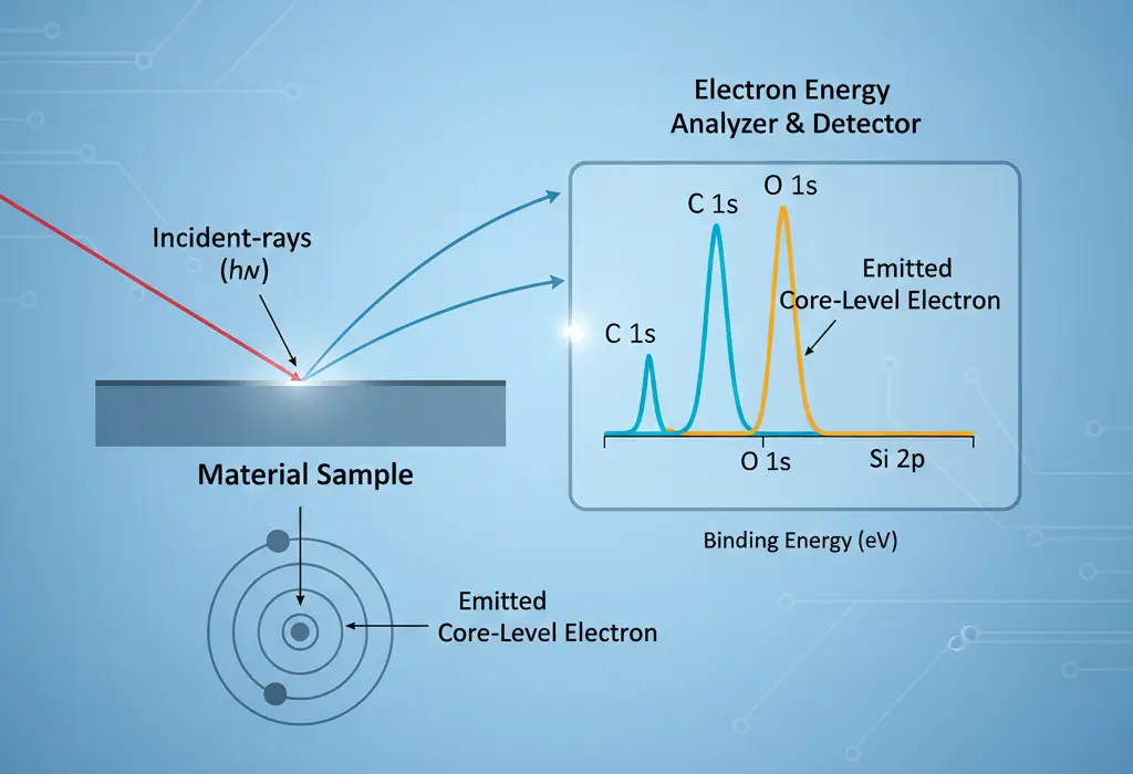 Diagram showing XPS measuring electron energies to analyze surface composition.