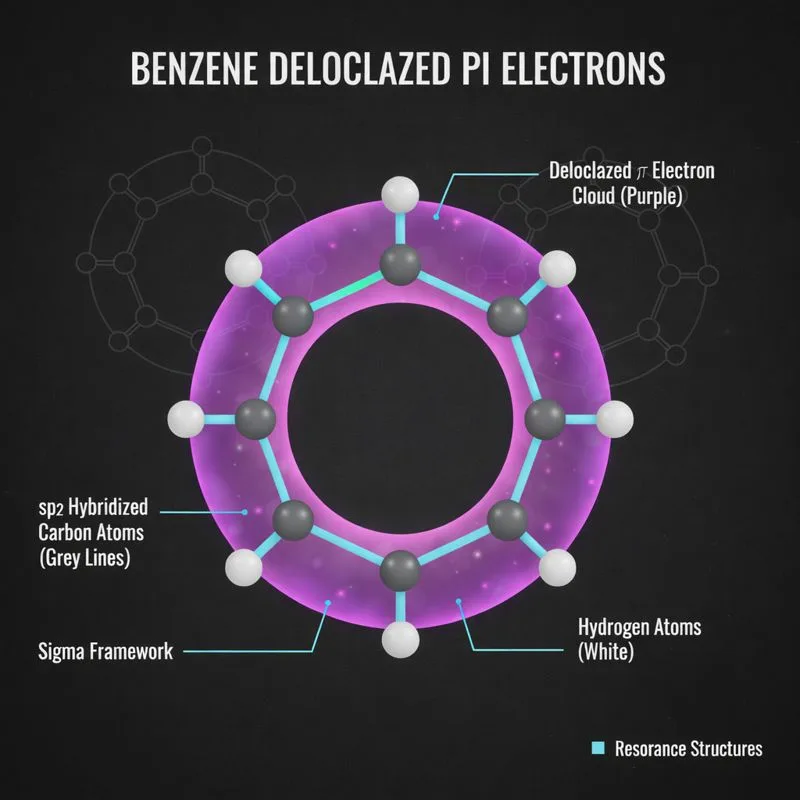 Visualization of aromatic bonding in benzene, showing how delocalized pi electrons create resonance stabilization and unique chemical properties in aromatic organic compounds.