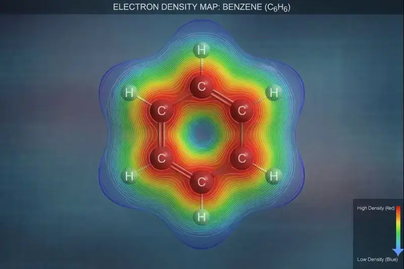 Scientific visualization of electron density in organic molecules, demonstrating how electron clouds distribute in space and influence chemical bonding and molecular stability.