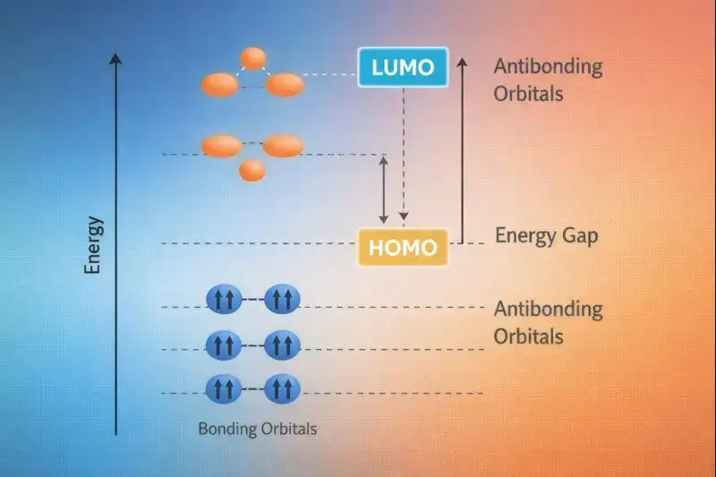 Molecular orbital energy diagram illustrating HOMO (Highest Occupied Molecular Orbital) and LUMO (Lowest Unoccupied Molecular Orbital) concepts essential for understanding organic chemistry reaction and reactivity.