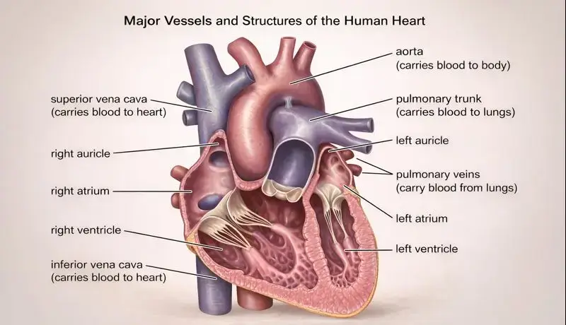 Labeled heart diagram showing four chambers (atria and ventricles) and four valves (tricuspid, pulmonary, mitral, aortic) with blood flow direction.