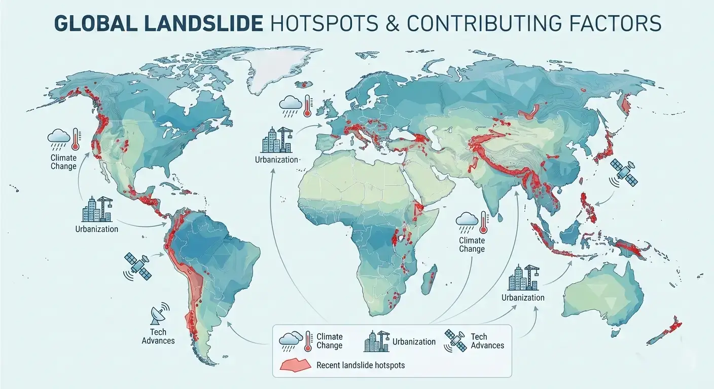 Map of natural hazard analysis showing landslide susceptibility indexing amid rising disaster intensity and terrain complexity research.