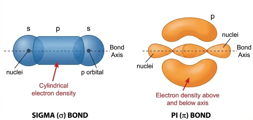 Educational diagram comparing sigma and pi bonds in organic chemistry, illustrating how orbital overlap creates different bonding patterns and affects molecular rotation.