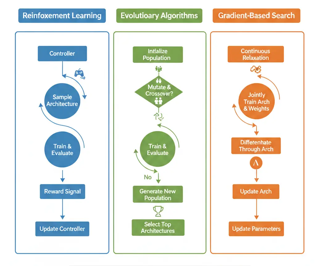 NAS search strategies comparison chart showing reinforcement learning NAS, evolutionary NAS, and differentiable DARTS approaches with workflow diagrams.