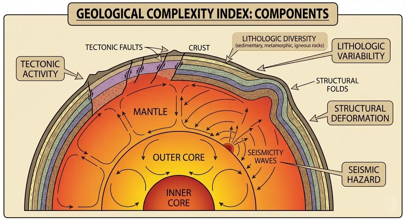 Diagram explaining geological complexity index components including tectonic, lithologic, structural, and seismicity for landslide risk modeling.