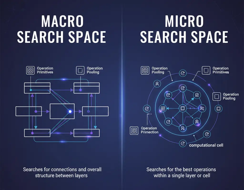 NAS search space diagram illustrating primitives, macro architecture space, and micro cell-based search space with various neural network operations.