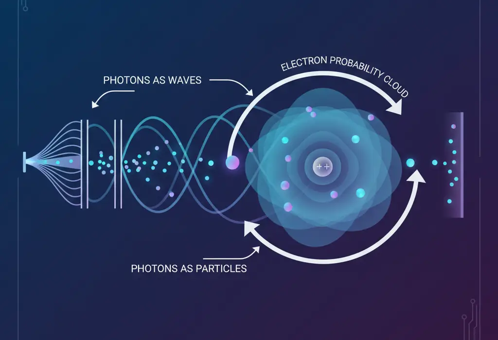Quantum mechanics explained through wave-particle duality diagram showing electrons and photons behaving as waves and particles.