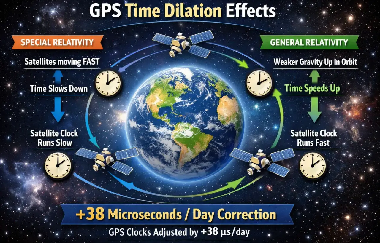 GPS time dilation diagram showing how special and general relativity affect satellite clocks requiring 38 microseconds per day correction.