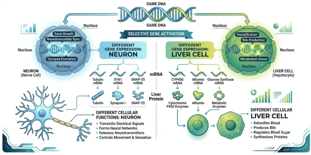 Educational biology infographic explaining why cells with the same DNA behave differently.