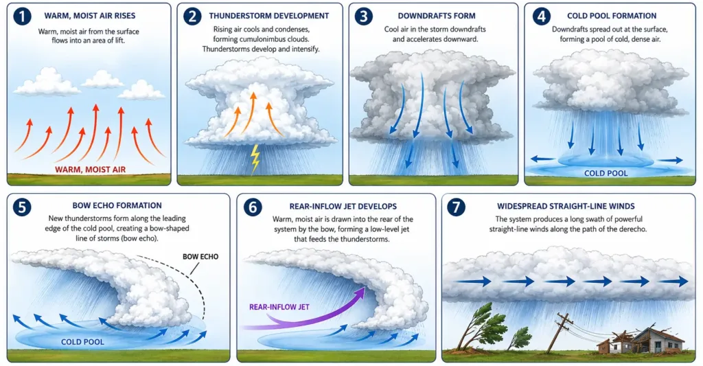 Illustrated step-by-step diagram showing the seven stages of derecho formation: warm moist air rising, thunderstorm development, downdrafts, cold pool, bow echo, rear-inflow jet, and widespread straight-line winds with damage.