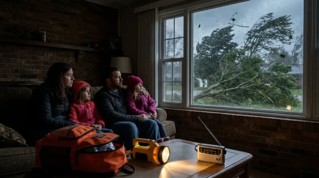Family of four sitting on a couch inside a brick house watching a severe derecho storm through the window, with strong winds bending trees and flying debris outside, while a flashlight, NOAA weather radio, and emergency backpack sit ready on the table.