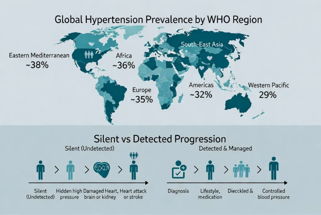 Infographic showing global hypertension prevalence by WHO region on a world map (Eastern Mediterranean ~38%, Africa ~36%, Europe ~35%, Americas ~32%, South-East Asia, Western Pacific 29%) paired with a simple icon timeline comparing silent undetected progression versus detected and managed hypertension.