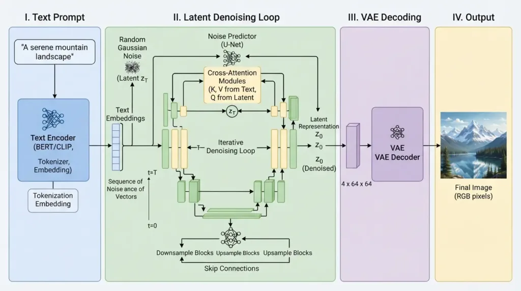 Flowchart of a text-to-image latent diffusion model showing four stages: text prompt encoding, latent denoising loop with U-Net and cross-attention, VAE decoding, and final RGB image output of a mountain landscape.