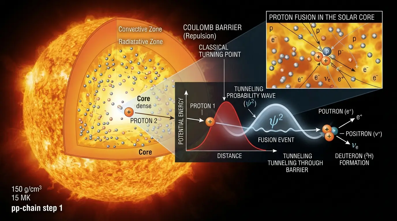 Diagram showing protons using quantum tunneling to overcome the Coulomb barrier and fuse in the Sun’s core.
