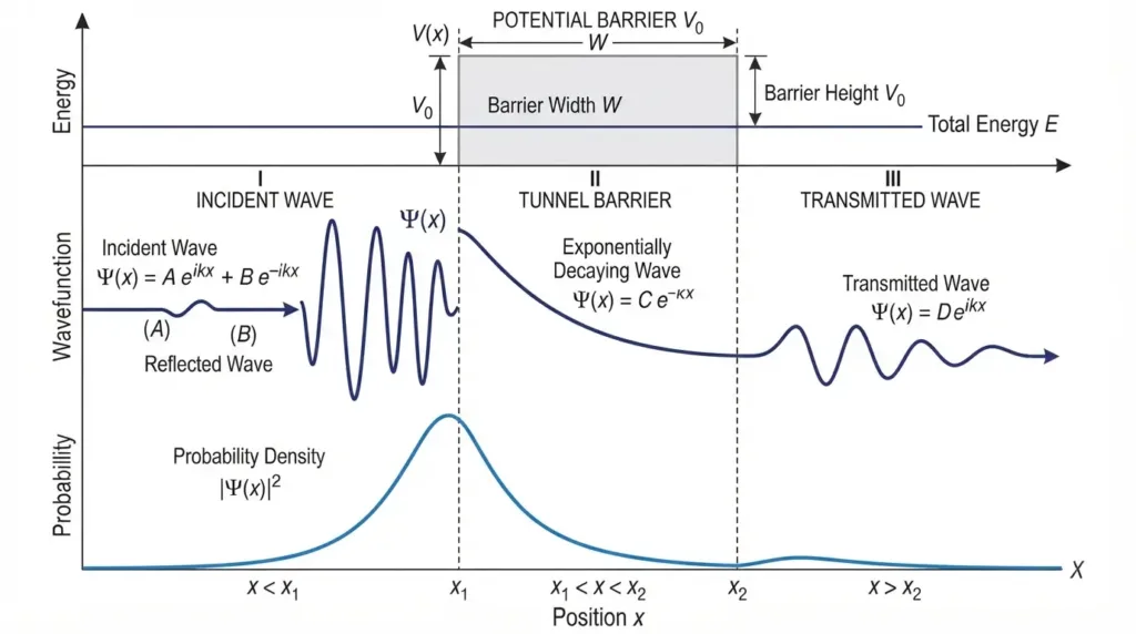 A wavefunction diagram showing an incoming wave, an exponentially decaying region inside the barrier, and a smaller transmitted wave emerging on the far side.